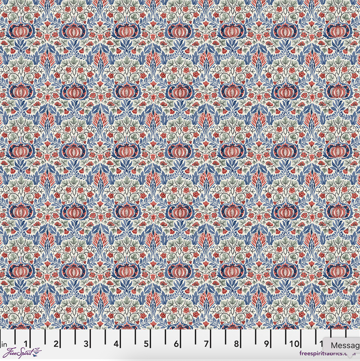 Little Chintz Multi Bexleyheath cotton lawn fabric by The Original Morris & Co. featuring pomegranate and floral motifs in red, blue, and green by Free Spirit Fabrics.