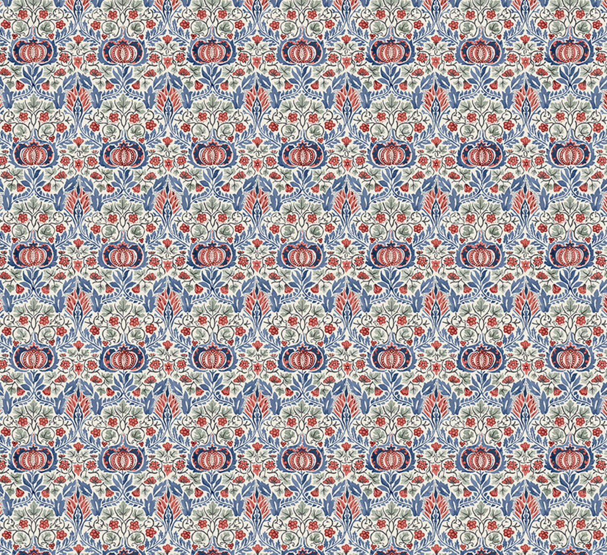 Little Chintz Multi Bexleyheath cotton lawn fabric by The Original Morris & Co. featuring pomegranate and floral motifs in red, blue, and green by Free Spirit Fabrics.