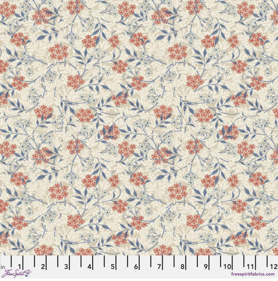 Jasmine Biscuit Bexleyheath cotton lawn fabric by The Original Morris & Co. featuring jasmine vines and floral motifs in biscuit, blue, and red tones by Free Spirit Fabrics.