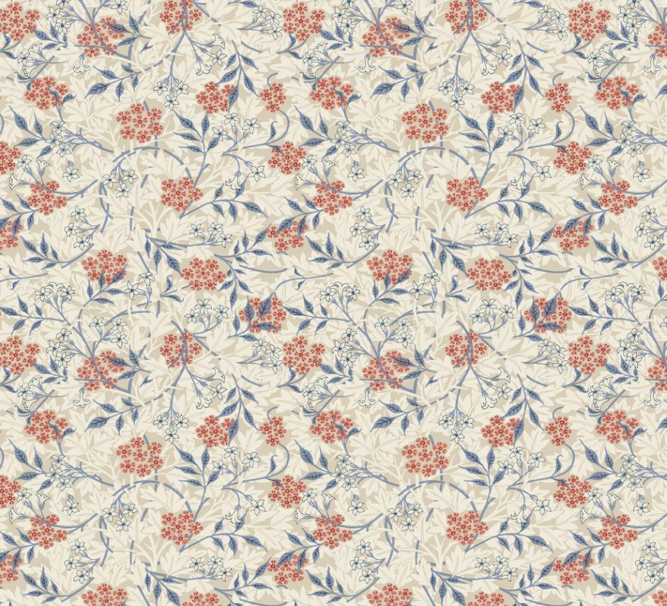 Jasmine Biscuit Bexleyheath cotton lawn fabric by The Original Morris & Co. featuring jasmine vines and floral motifs in biscuit, blue, and red tones by Free Spirit Fabrics.