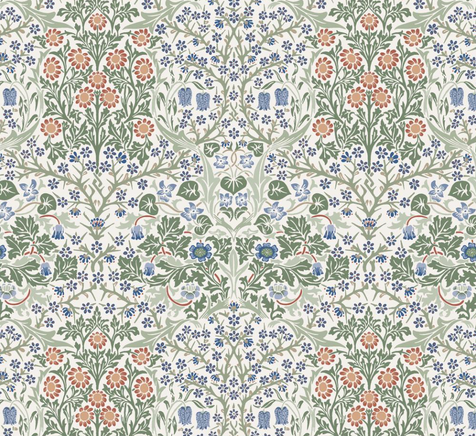 Blackthorn Multi Bexleyheath cotton lawn fabric by The Original Morris & Co. featuring floral and leafy motifs in green, blue, and terracotta tones by Free Spirit Fabrics.