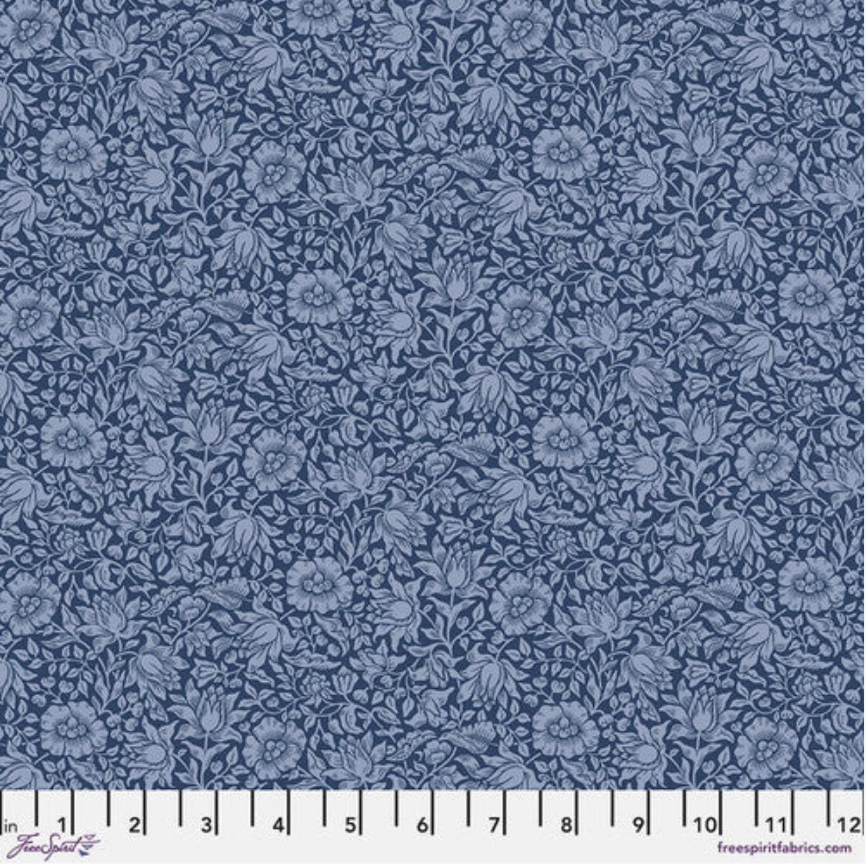 Mallow Inky Bexleyheath cotton lawn fabric by The Original Morris & Co. featuring tonal floral and leaf motifs in inky blue by Free Spirit Fabrics.