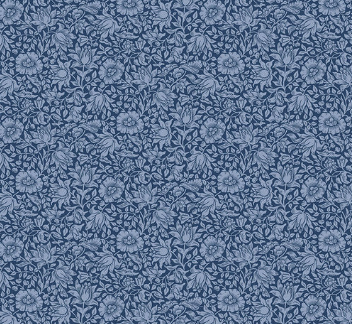 Mallow Inky Bexleyheath cotton lawn fabric by The Original Morris & Co. featuring tonal floral and leaf motifs in inky blue by Free Spirit Fabrics.