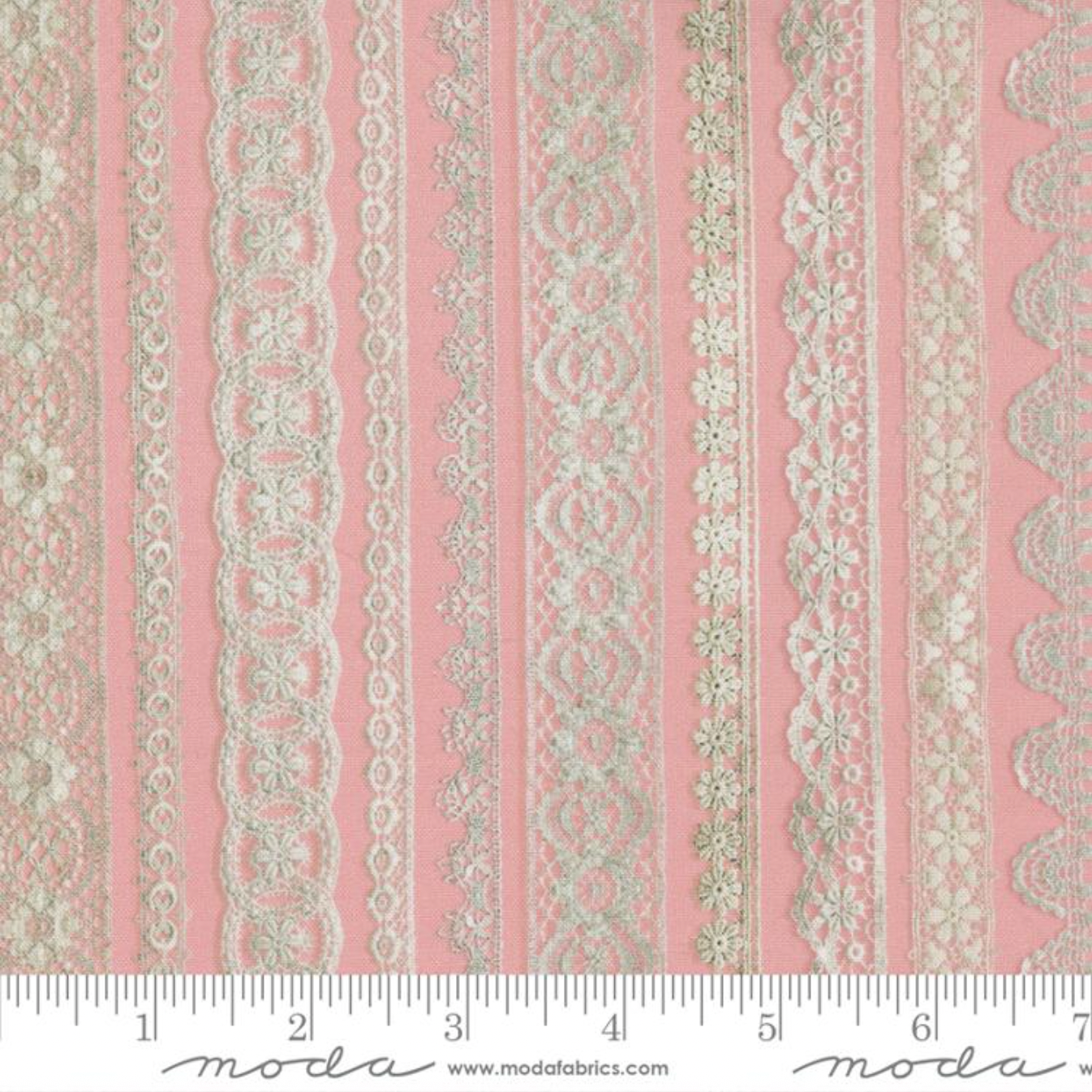 Junk Journal Lace Vintage Ephemera Stripe Blush Fabric by Cathe Holden for Moda Fabrics featuring delicate lace designs on blush pink background.