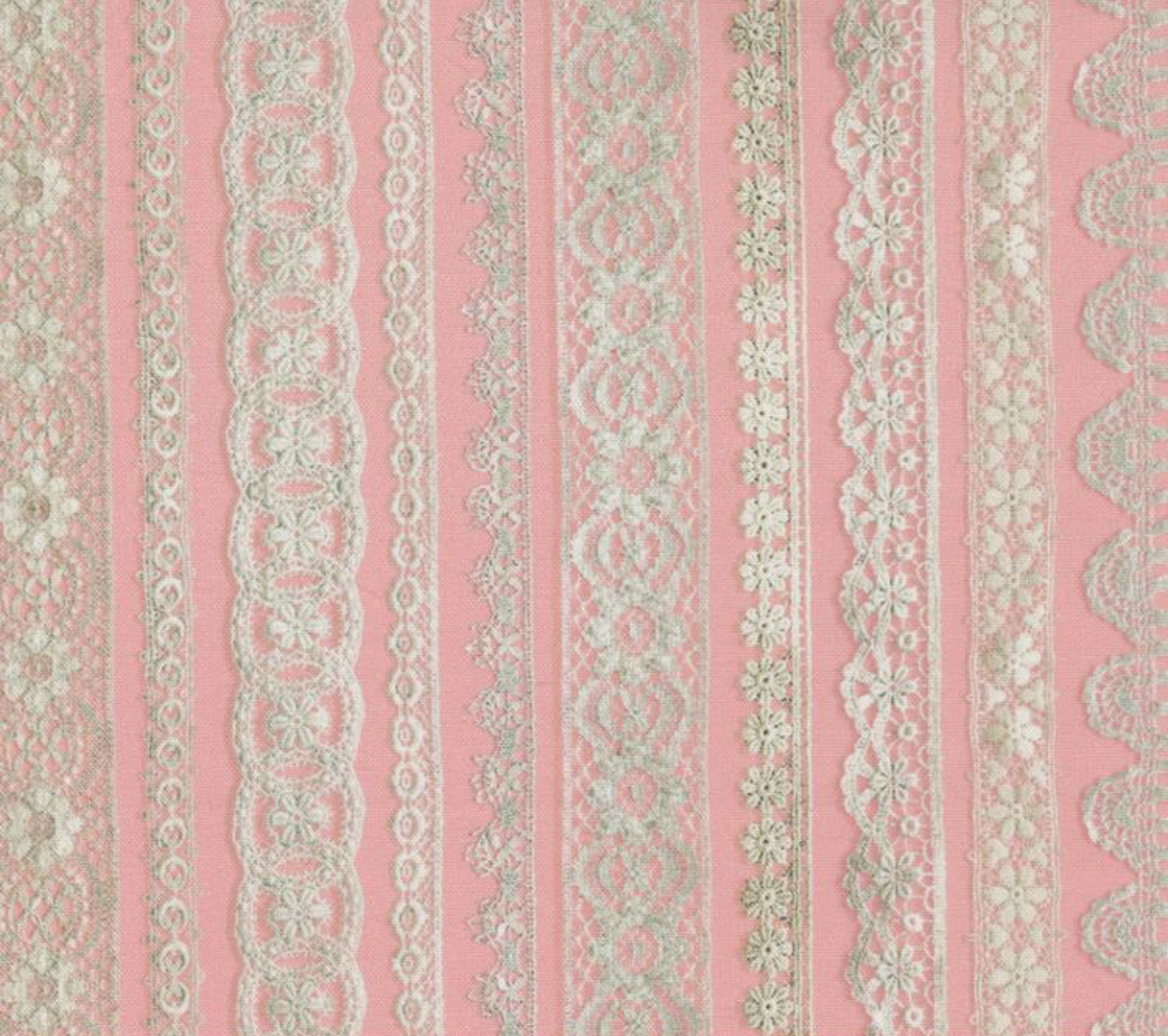 Junk Journal Lace Vintage Ephemera Stripe Blush Fabric by Cathe Holden for Moda Fabrics featuring delicate lace designs on blush pink background.