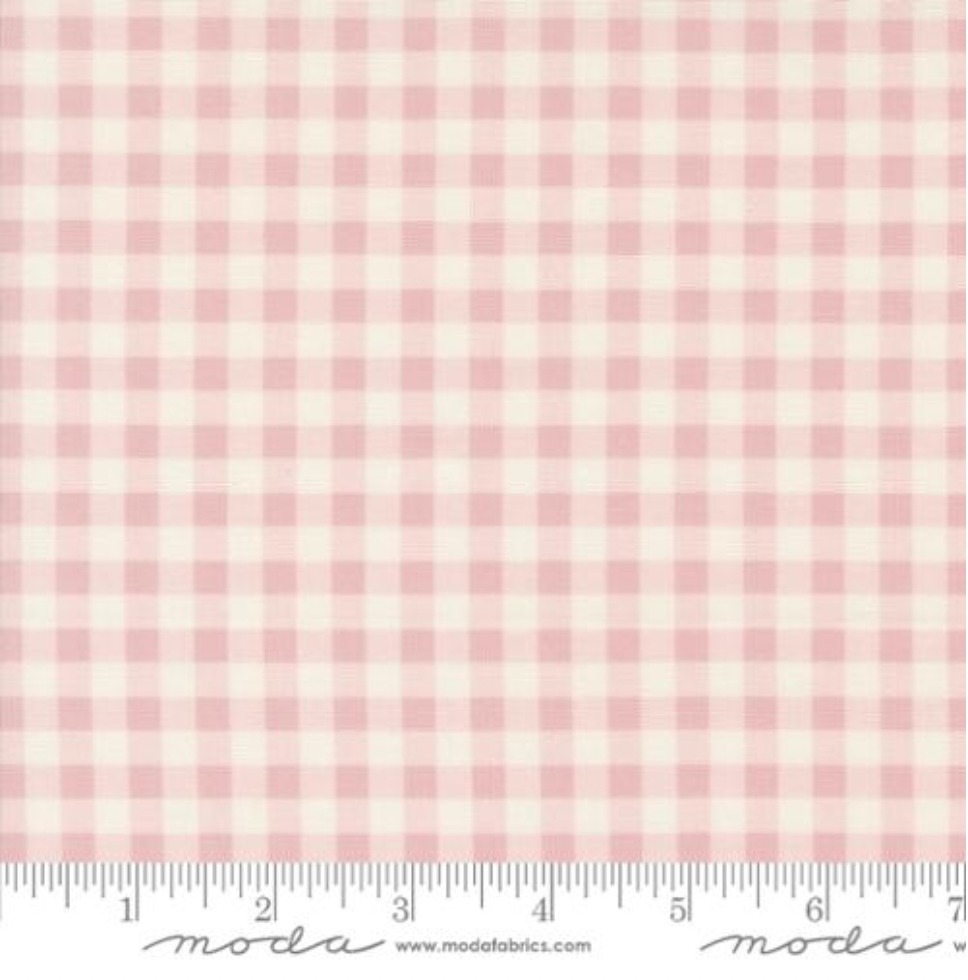 Cottage Charm Fading Rose Gingham Fabric by My Sew Quilty Life for Moda Fabrics – soft pink and ivory check 100% cotton quilting fabric with smooth texture.