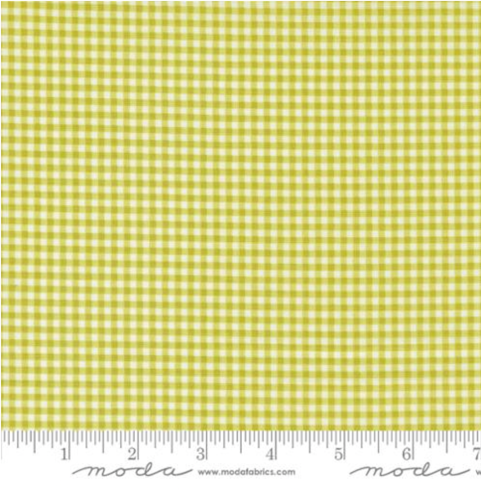 Shine Gingham Grass Fabric by Sweetwater for Moda Fabrics – cheerful green and white gingham 100% cotton quilting fabric with smooth weave texture.