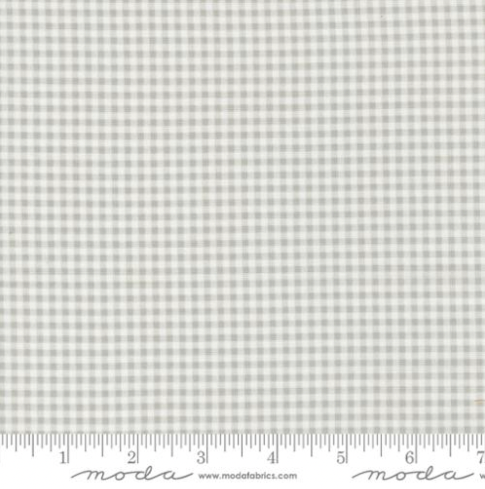 Shine Gingham Stormy Fabric by Sweetwater for Moda Fabrics – gray and white gingham 100% cotton quilting fabric with soft smooth texture.