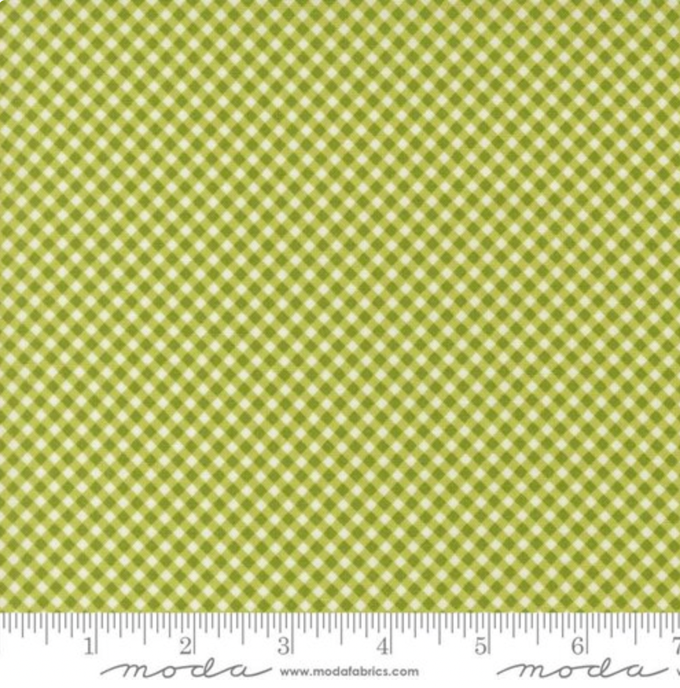 Raspberry Summer Gingham Lime Fabric by Sherri & Chelsi for Moda Fabrics – bright lime green and white gingham 100% cotton quilting fabric with soft weave texture.