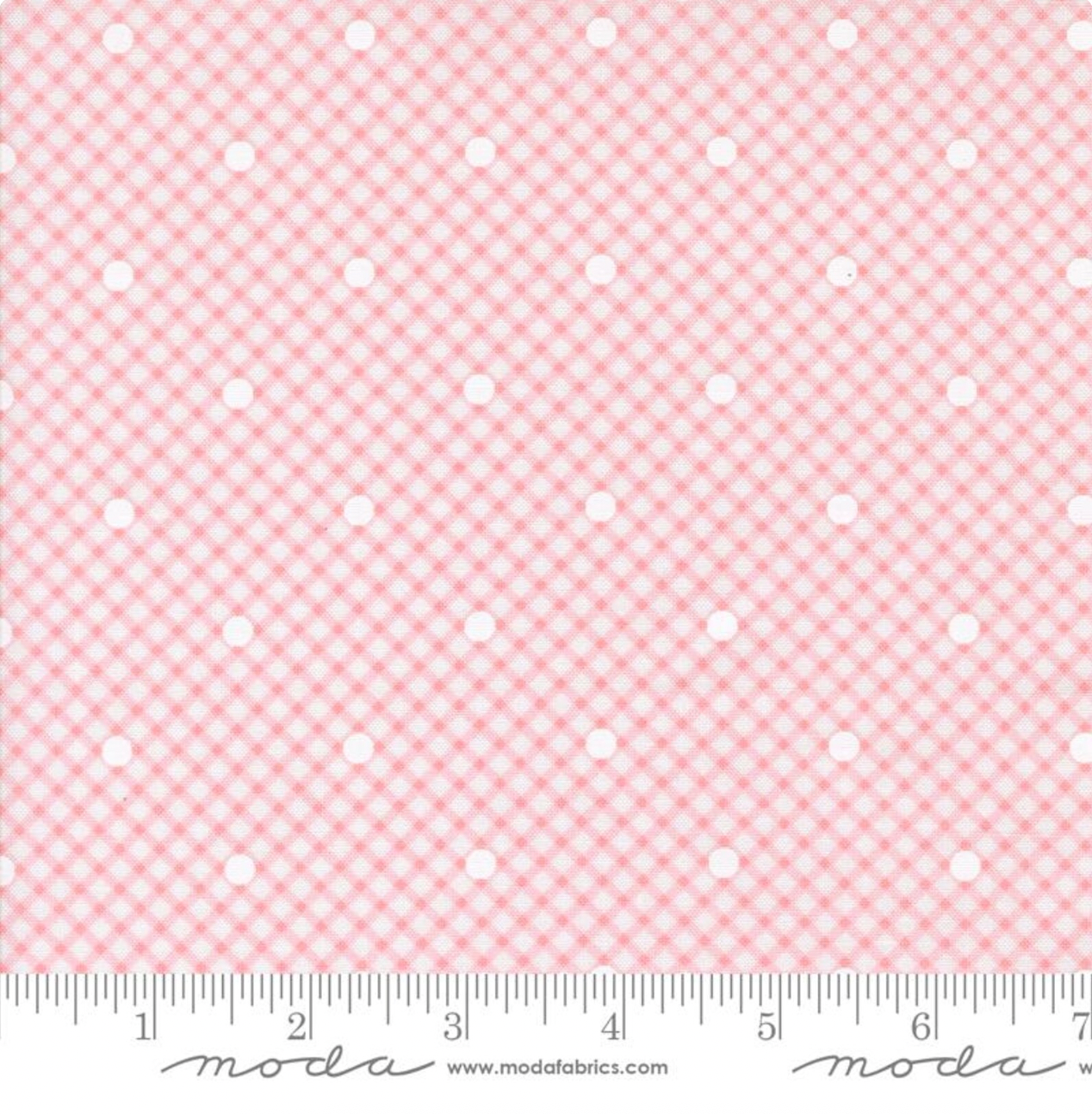 Memory Lane Gingham and Dots Petal Fabric by Brenda Riddle for Moda Fabrics – pink gingham with white polka dots 100% cotton quilting fabric, soft vintage-inspired pattern.