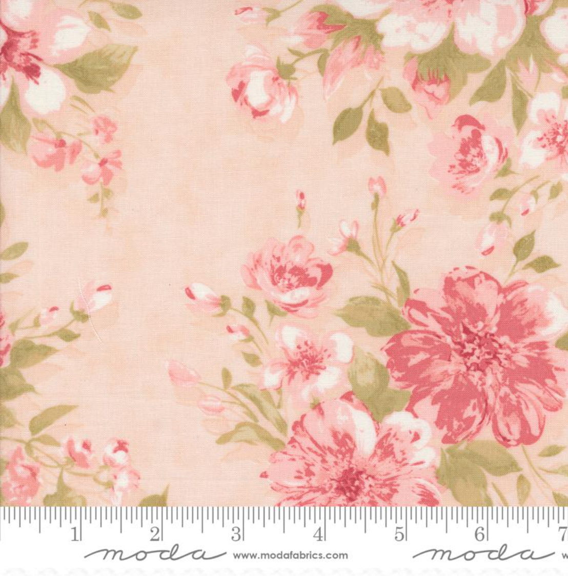 A close-up of Muse - Rose Garden Blush Fabric by 3 Sisters for Moda Fabrics showing pink and blush roses with green leaves on a blush background, perfect for quilting, décor, and apparel projects.