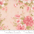 A close-up of Muse - Rose Garden Blush Fabric by 3 Sisters for Moda Fabrics showing pink and blush roses with green leaves on a blush background, perfect for quilting, décor, and apparel projects.