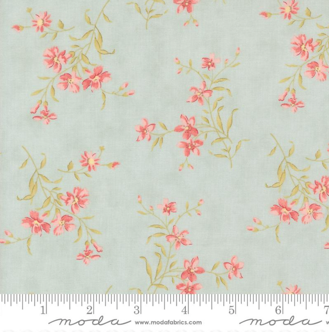 A close-up of Muse - Flower Picking Sky Fabric by 3 Sisters for Moda Fabrics showcasing delicate pink blossoms and green leaves scattered on a light sky-blue cotton background.