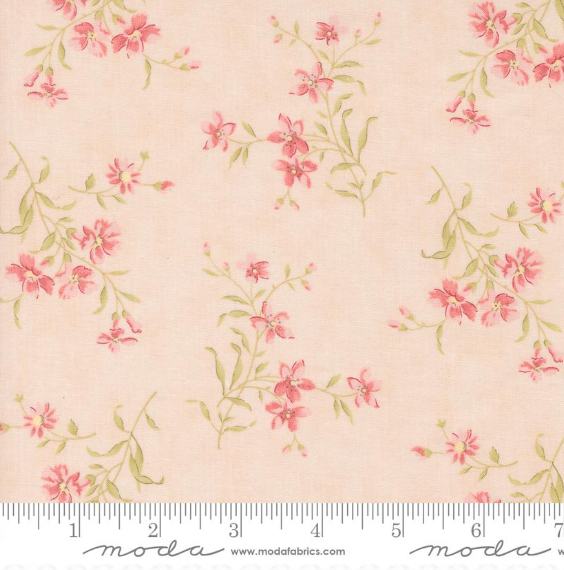 A close-up of Muse - Flower Picking Blush Fabric by 3 Sisters for Moda Fabrics, featuring dainty pink blossoms and soft green leaves scattered on a warm blush background.