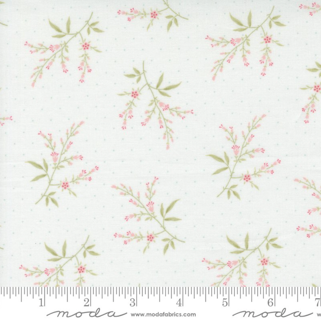 A close-up of Muse - Flower Silhouette Porcelain Fabric by 3 Sisters for Moda Fabrics, showing delicate pink flowers and green leaves on a porcelain-white background.