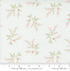 A close-up of Muse - Flower Silhouette Porcelain Fabric by 3 Sisters for Moda Fabrics, showing delicate pink flowers and green leaves on a porcelain-white background.