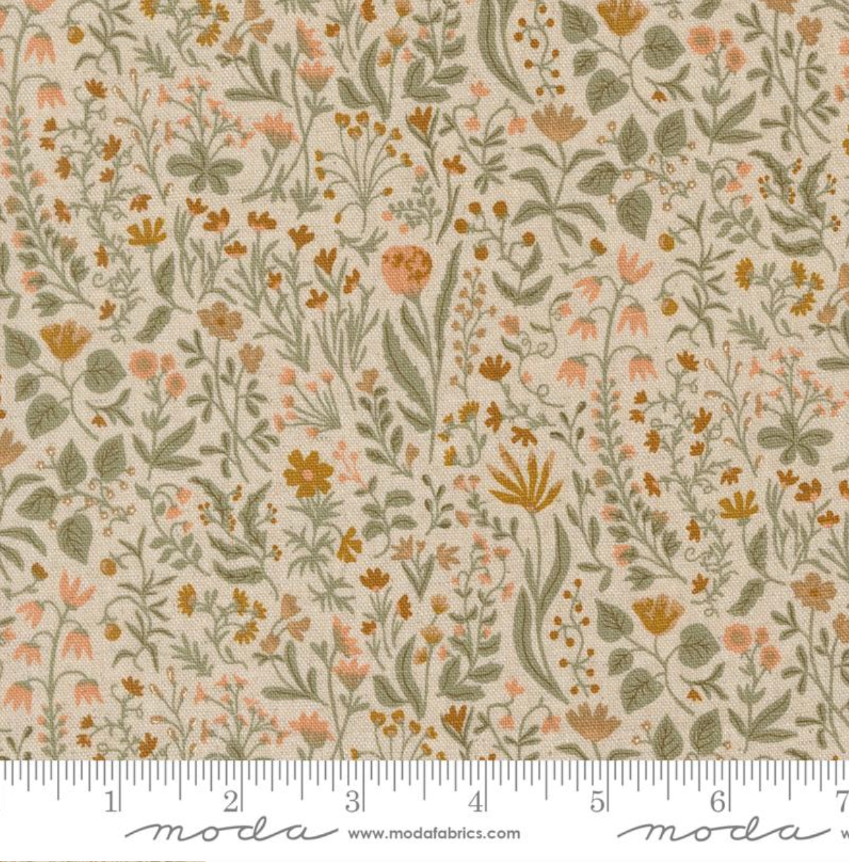 Close-up of Rainer Mochi Linen Eggshell Fabric by Jessica Rose for Moda Fabrics, featuring soft blush, gold, and sage florals on an ivory cotton-linen background.