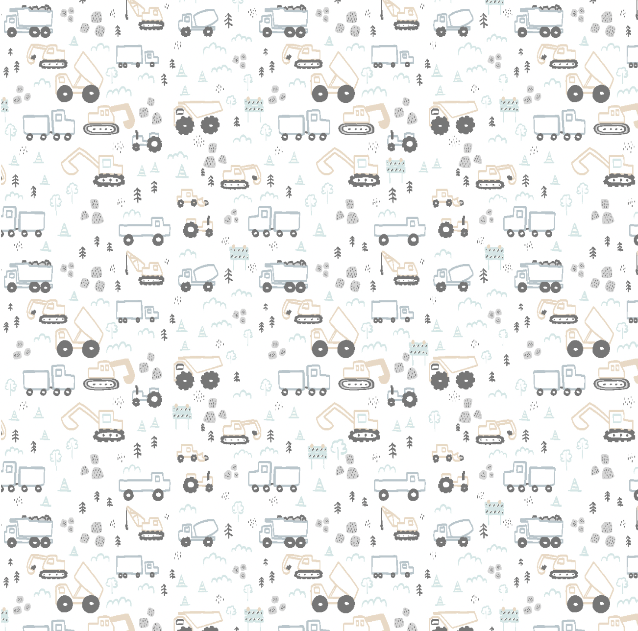 Soft sky-blue and taupe construction vehicles on white cotton fabric from the Let’s Dig collection by Coit Creative for RJR Fabrics.