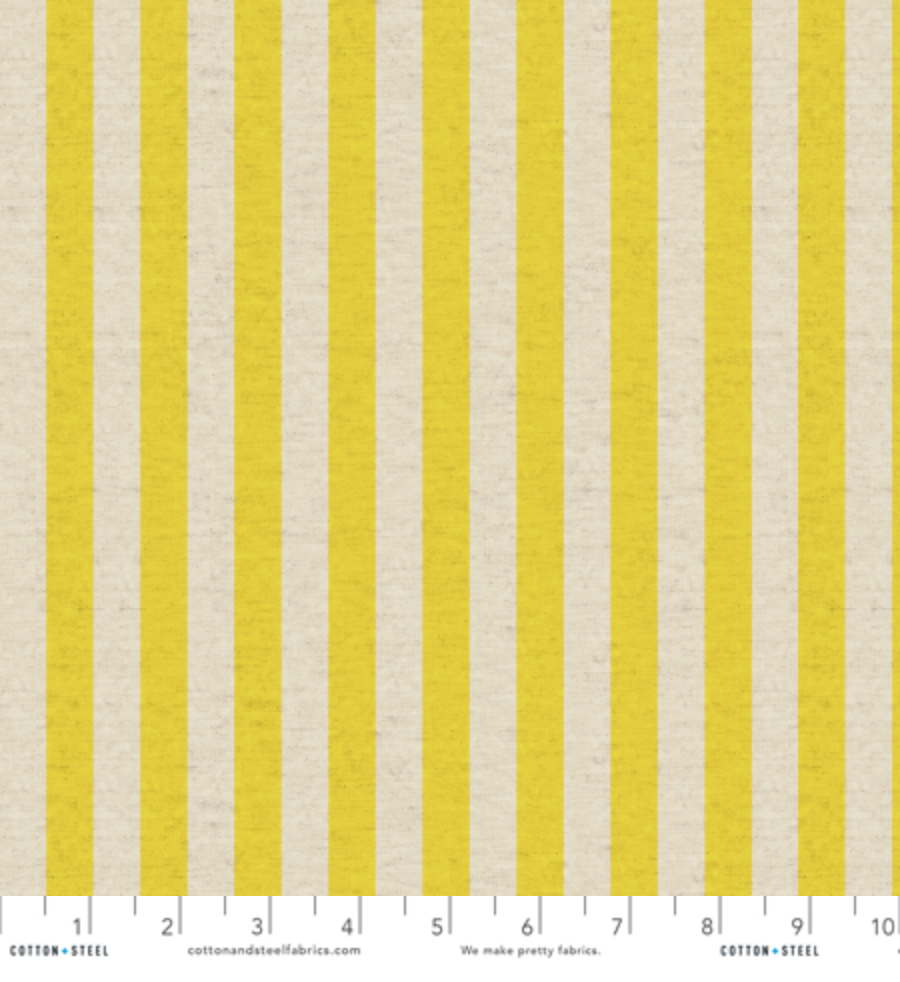 Primavera Cabana Stripe Yellow Canvas Fabric by Rifle Paper Co. for Cotton + Steel – bold yellow and beige striped cotton-linen canvas, perfect for bags, home décor, and upholstery projects.