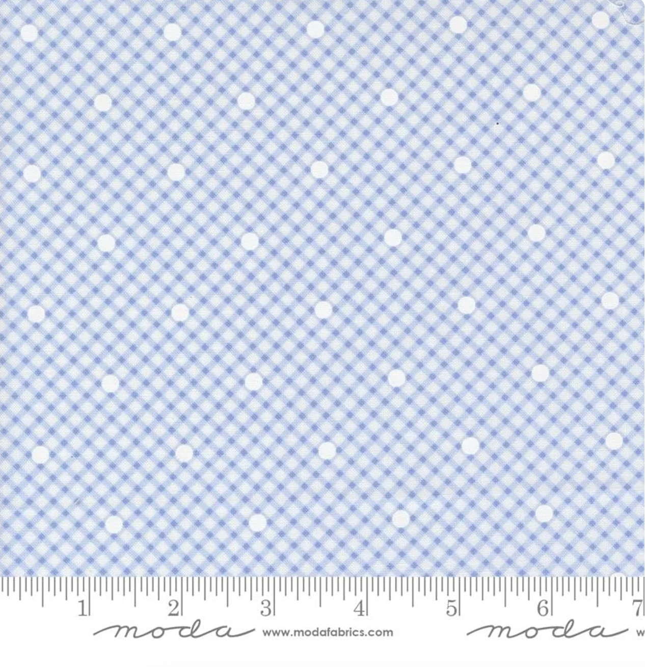 Memory Lane - Gingham and Dots Blue Fabric by Brenda Riddle for Moda Fabrics featuring soft blue gingham checks with white polka dots.