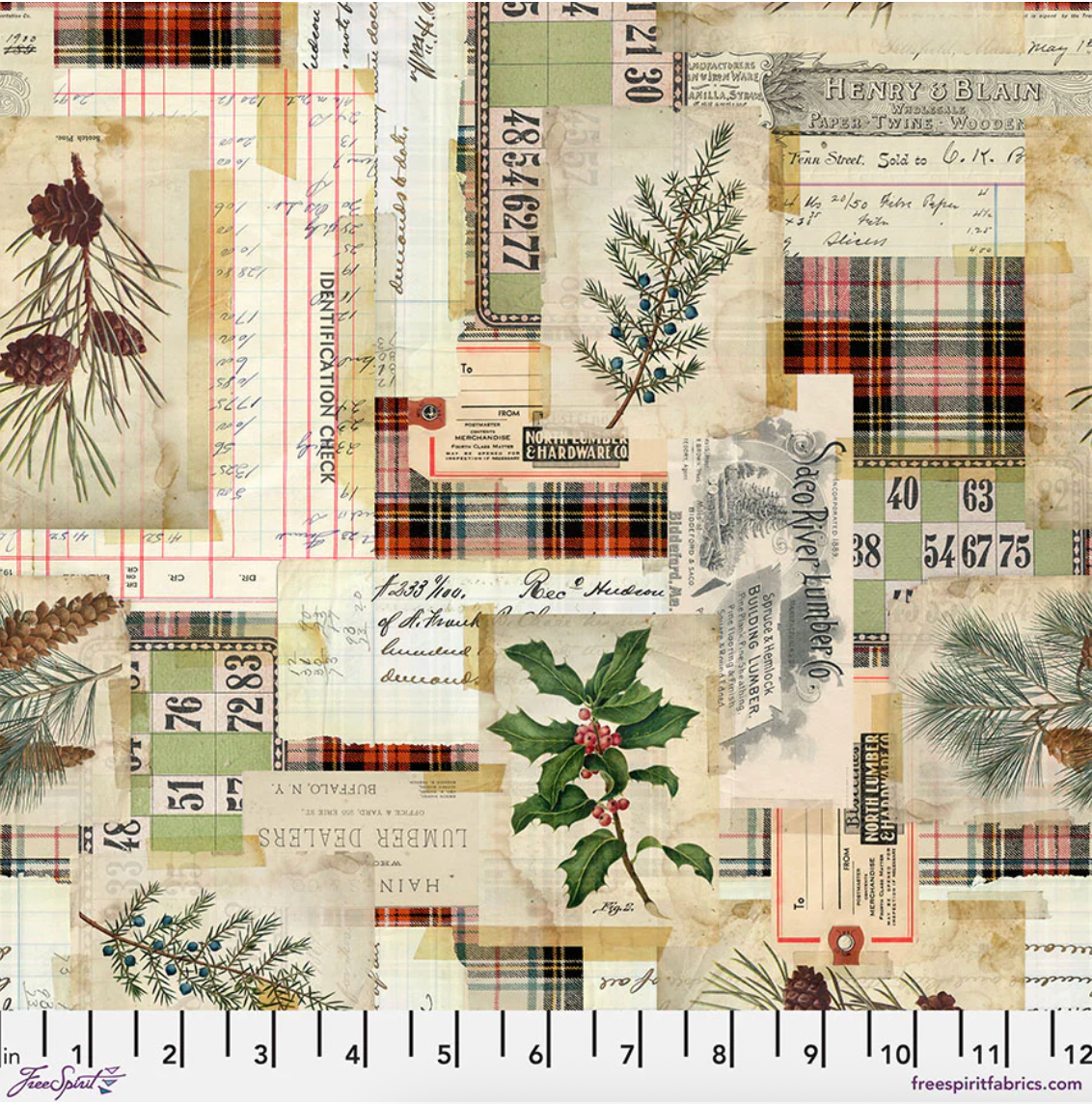 Eclectic Elements Woodland Collage Multi Canvas Fabric by Tim Holtz for FreeSpirit Fabrics featuring holly, pinecones, and plaid designs.