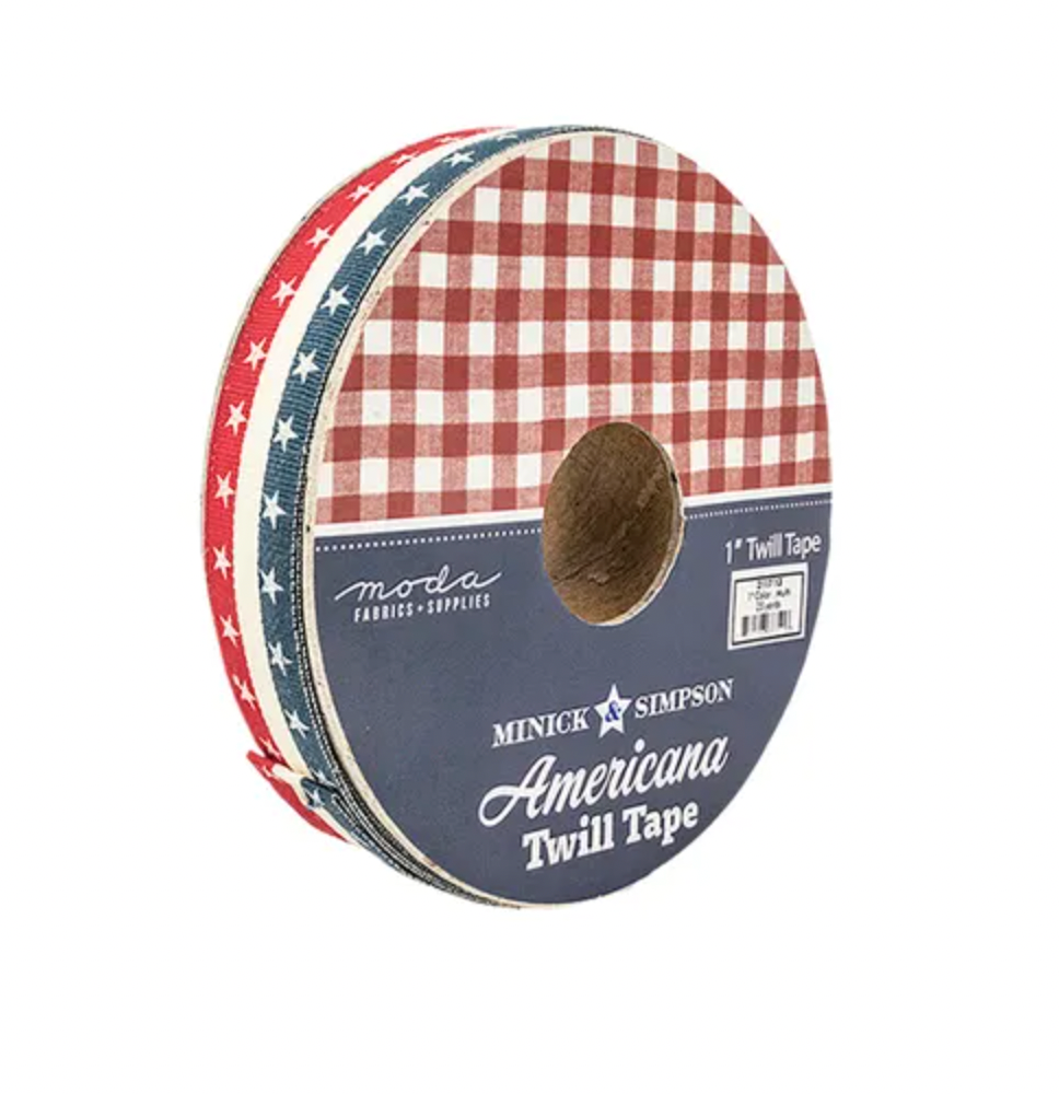 1-inch red, white, and blue Americana twill tape ribbon with stars and stripes on a 25-yard roll by Moda Fabrics.
