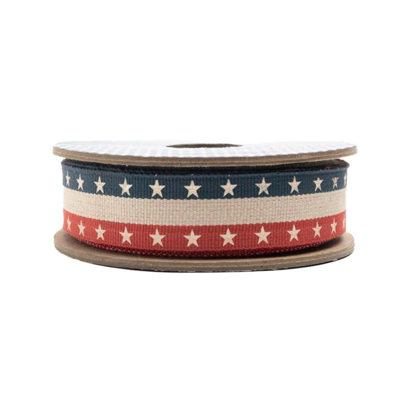 1-inch red, white, and blue Americana twill tape ribbon with stars and stripes on a 25-yard roll by Moda Fabrics.