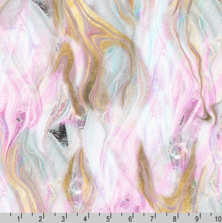 Pastel marble design fabric in lilac, pink, and soft white tones by Lara Skinner.