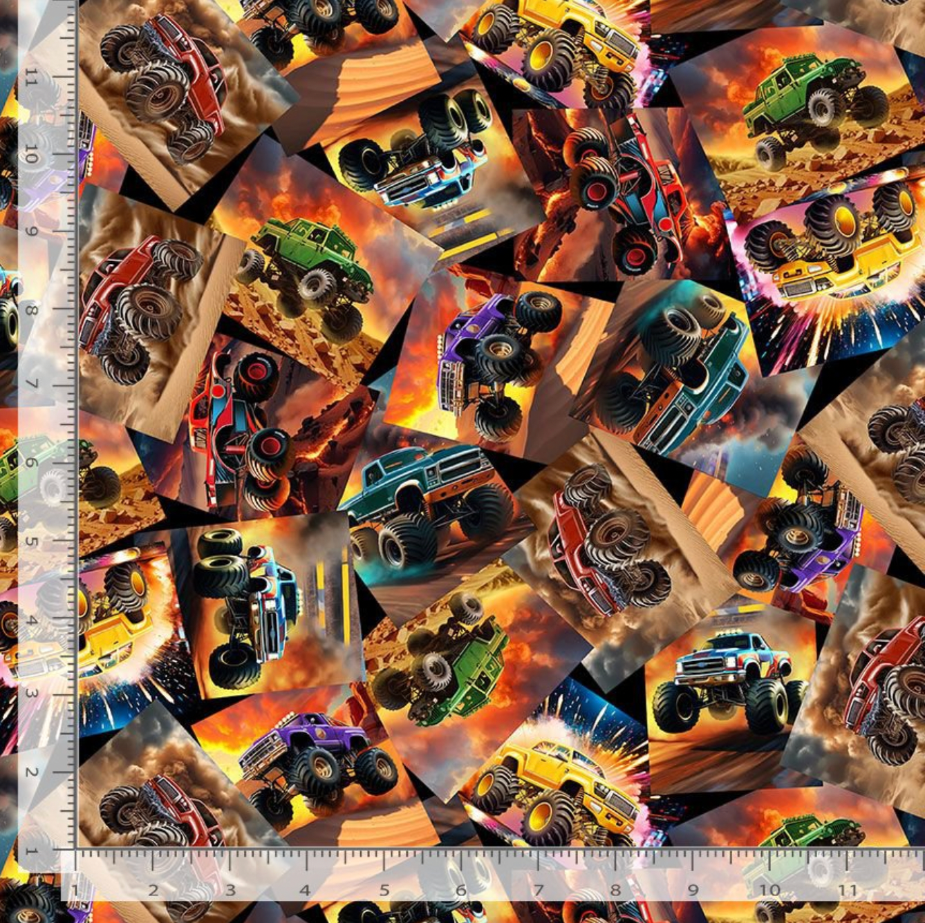 Monster truck fabric with colorful digital illustrations on cotton by Timeless Treasures.