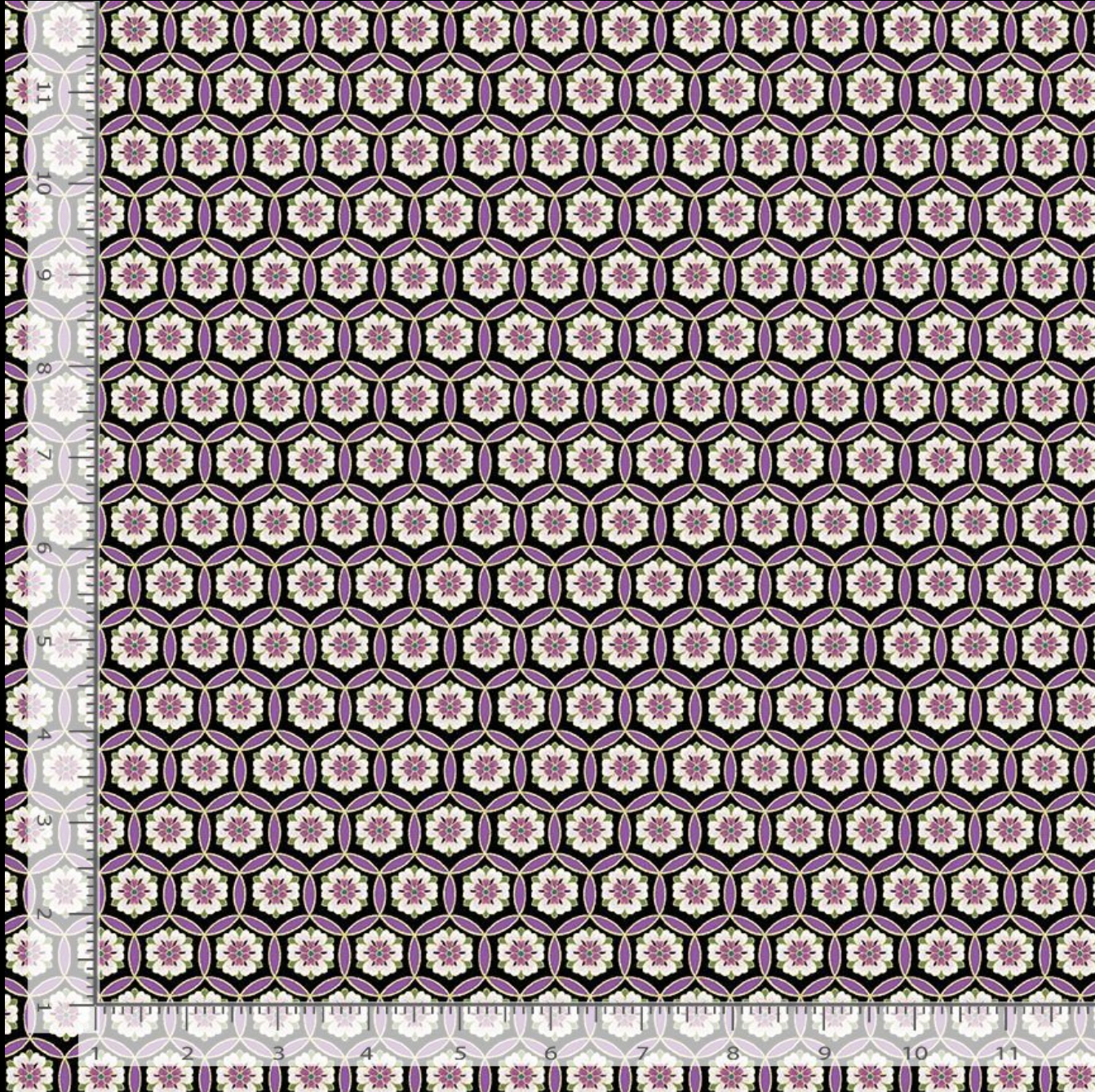 Shizuka purple geometric floral cotton fabric with gold metallic accents by Chong-A Hwang for Timeless Treasures.