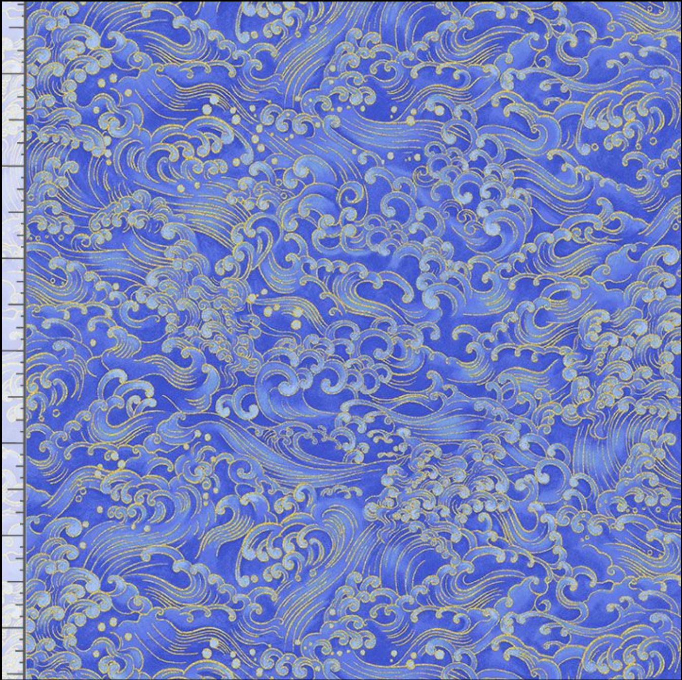 Blue fabric with swirling ocean waves and gold metallic accents by Chong-a Hwang for Timeless Treasures.