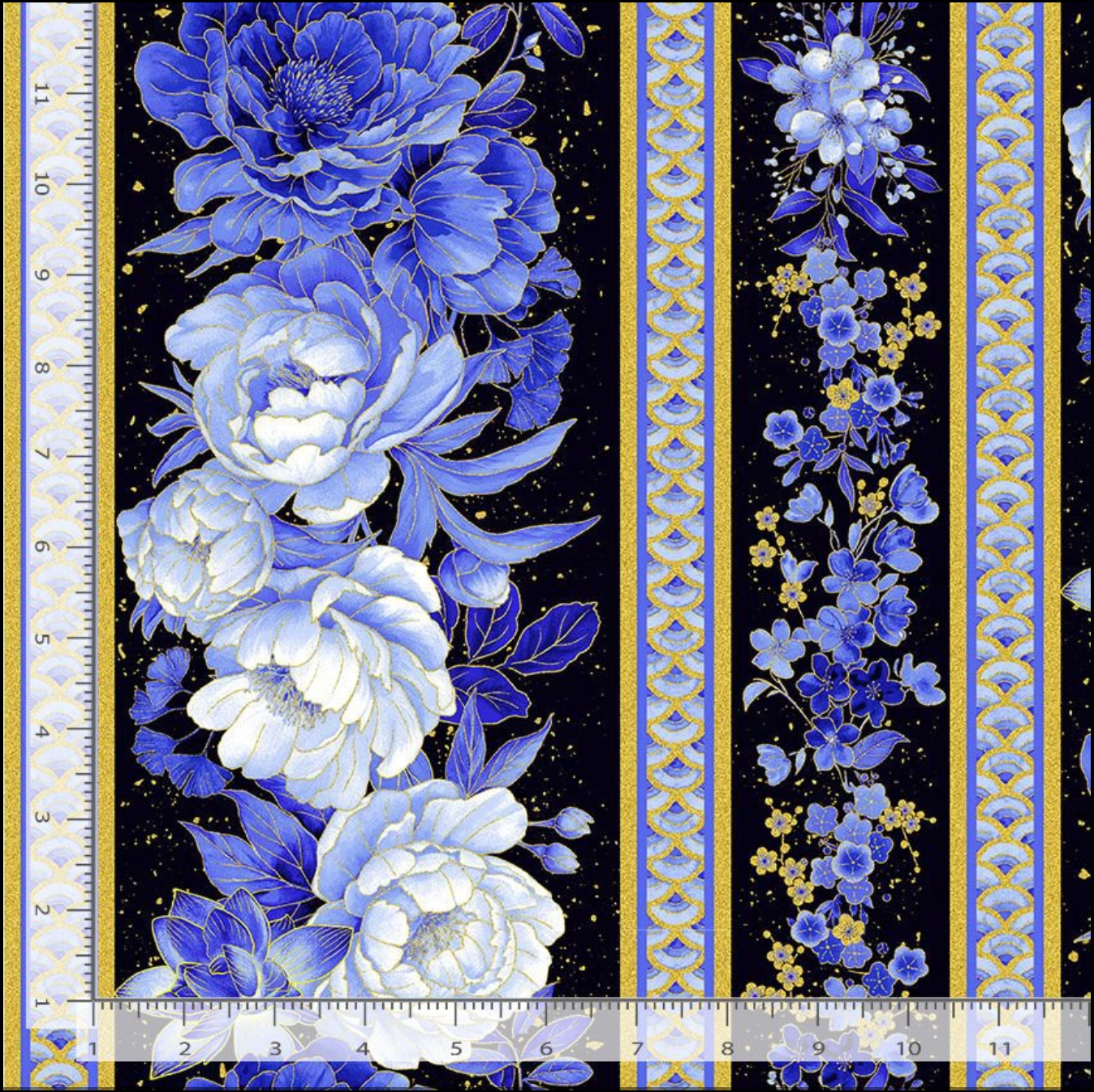 Blue and white peony floral 11-inch stripe fabric with gold metallic accents by Chong-a Hwang for Timeless Treasures.