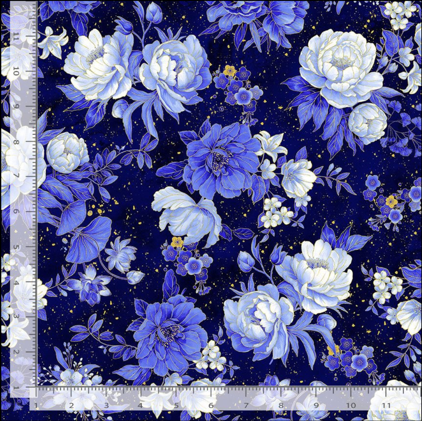 Navy blue metallic floral fabric with white and blue peonies and gold accents by Chong-a Hwang for Timeless Treasures.