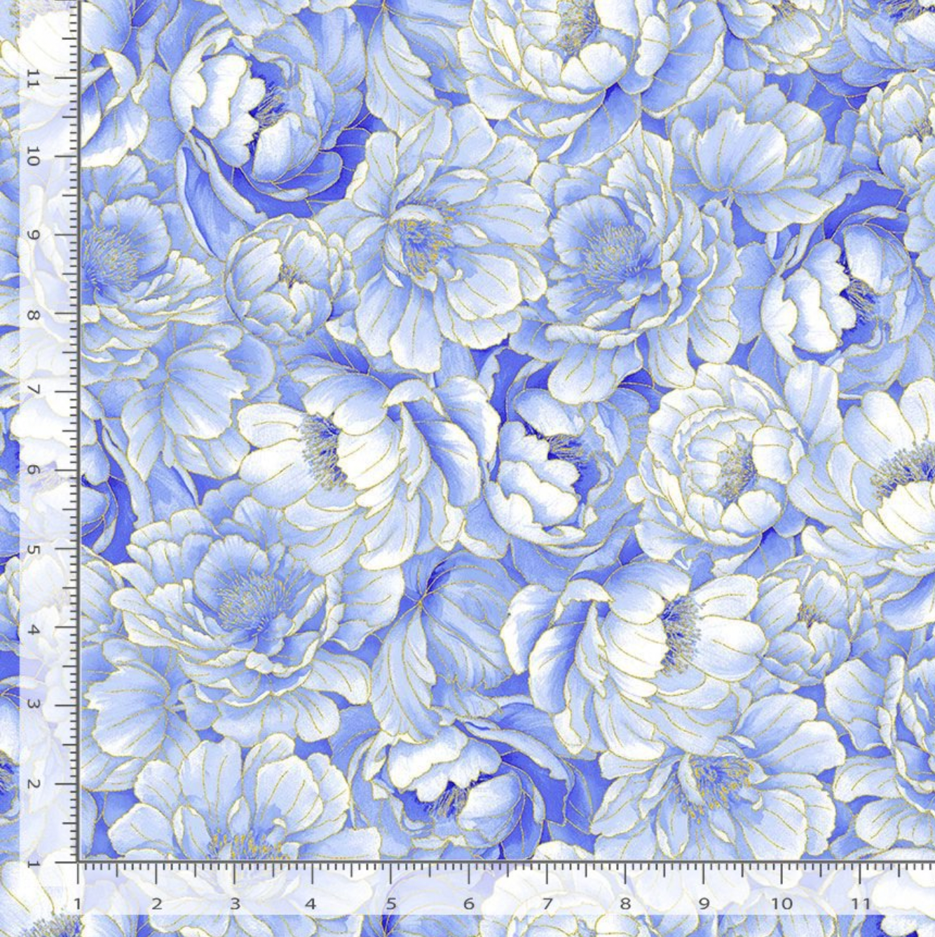 Blue and white packed peony floral fabric with gold metallic accents by Chong-a Hwang for Timeless Treasures.