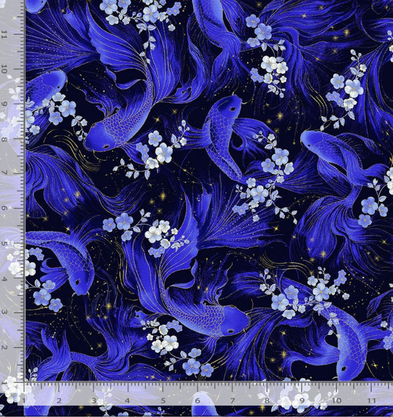 Metallic koi fish and floral fabric in deep blue and gold from the Moonlight collection by Chong-a Hwang.