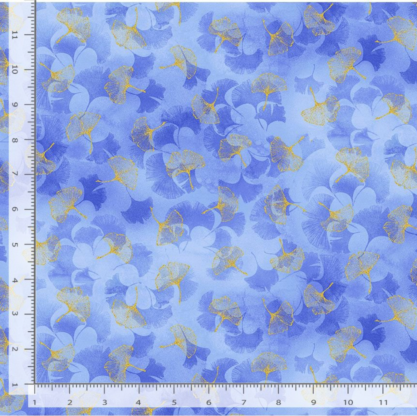 Moonlight Ginkgo Leaves Metallic fabric in blue with gold accents by Chong-A Hwang for Timeless Treasures