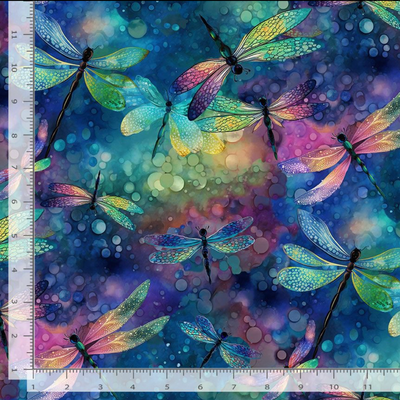 Dragonfly Illusion 108-inch wide quilt backing fabric with multicolor dragonflies and watercolor background by Timeless Treasures