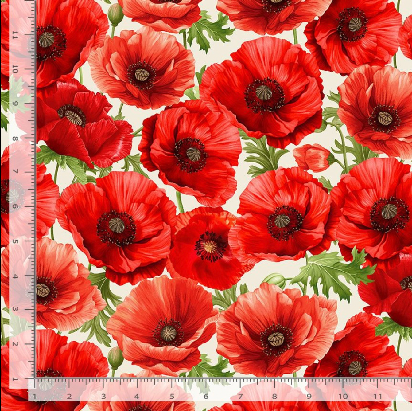 Large red poppy flowers with green leaves on a cream cotton fabric background.