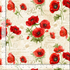 Red poppy flowers with green leaves over a cream background with vintage script and botanical text.