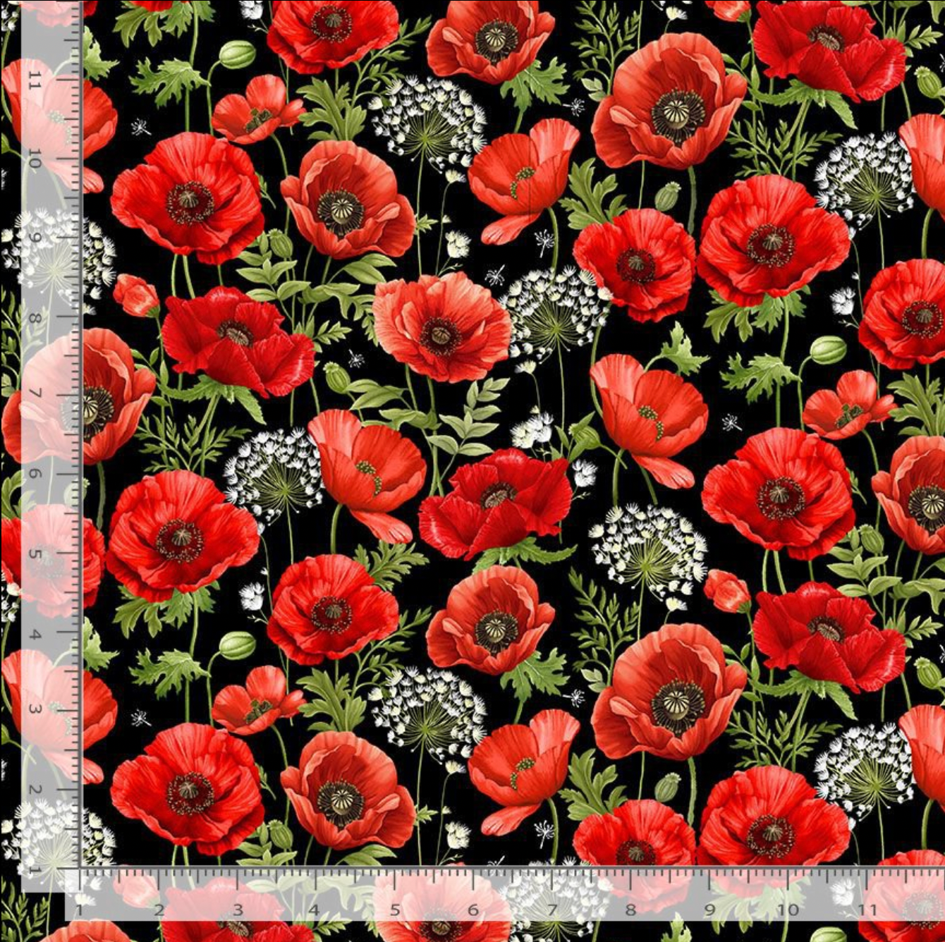 Red poppy flowers with white floral clusters and green leaves on a black background, digitally printed cotton fabric.