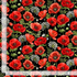 Red poppy flowers with white floral clusters and green leaves on a black background, digitally printed cotton fabric.