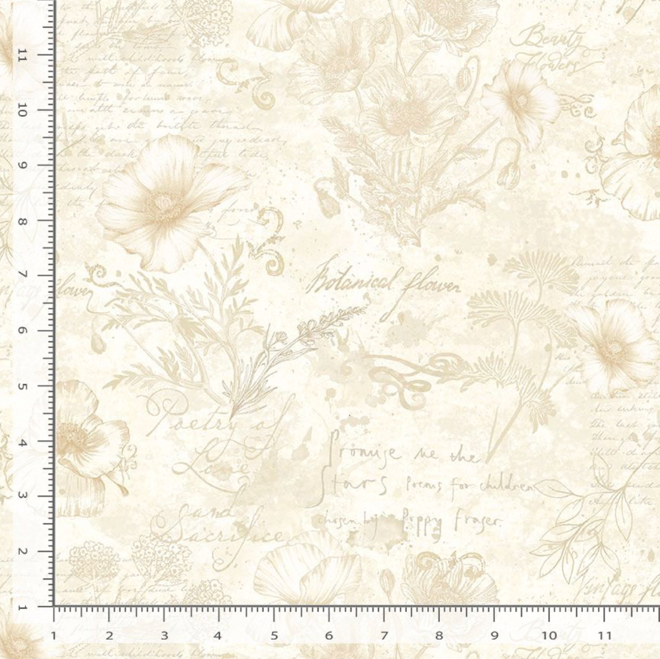Beige and cream poppy toile fabric with botanical sketches and vintage handwritten text.