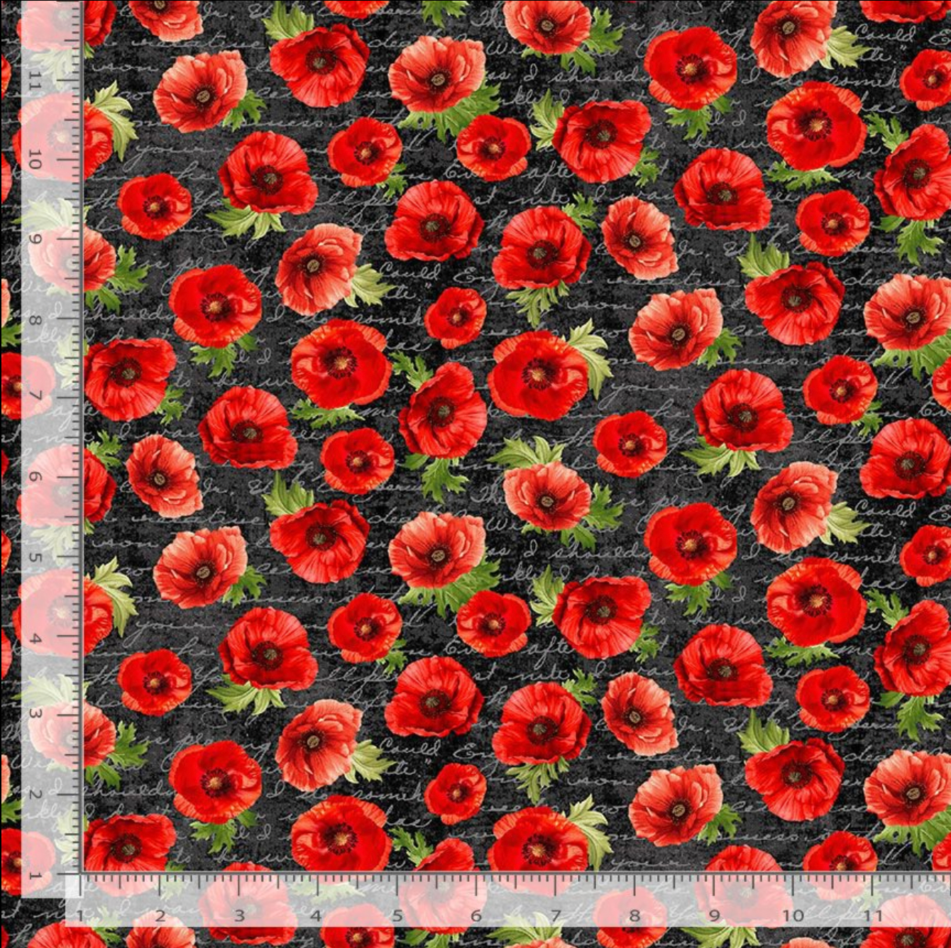 Red poppy flowers on a black textured background with white script text.