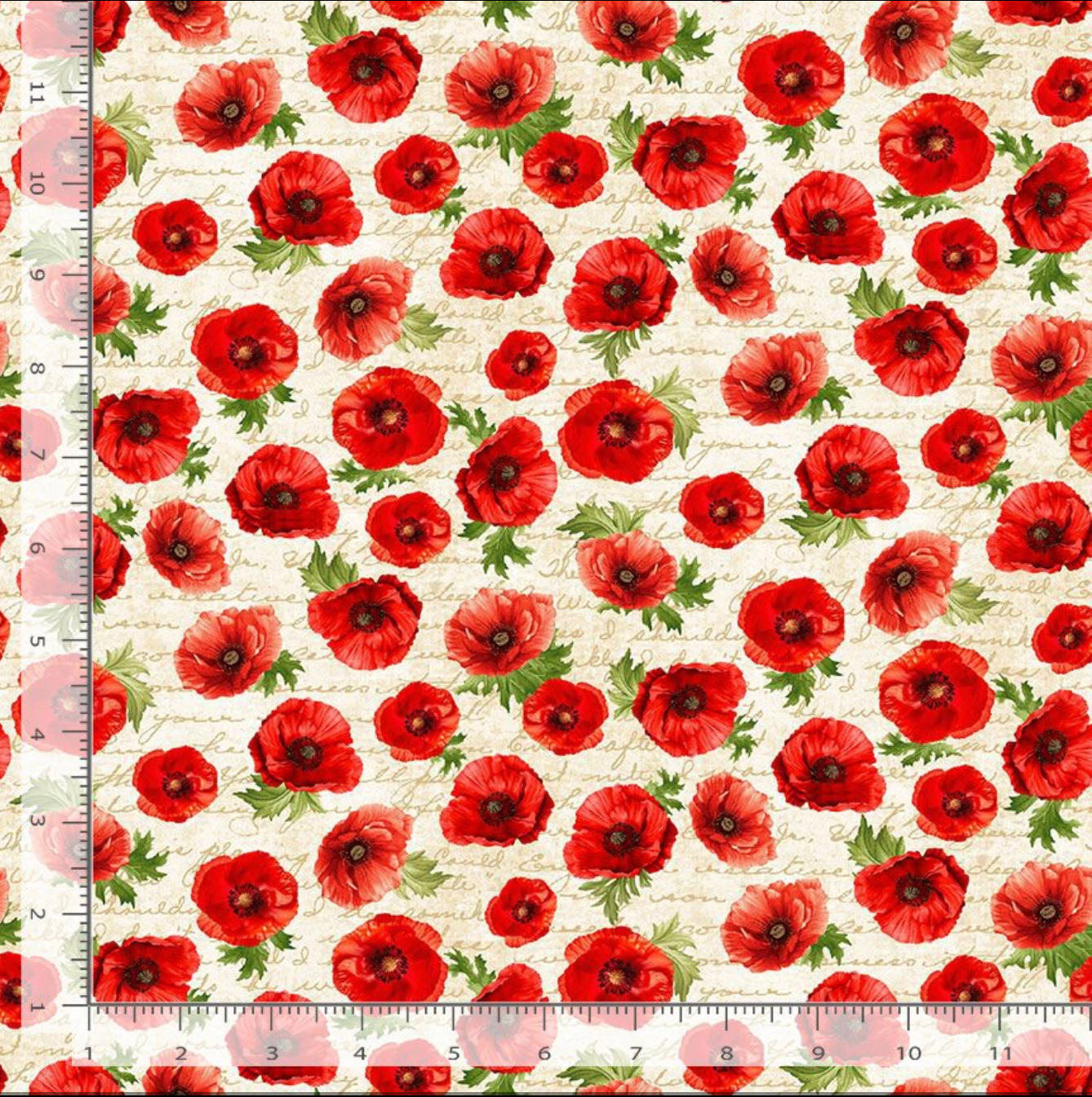 Red poppies on cream script cotton fabric from the Poppy Passion collection by Timeless Treasures