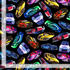 Thrill Seeker race cars fabric with colorful sports cars tossed on a black background by Michael Searle for Timeless Treasures.