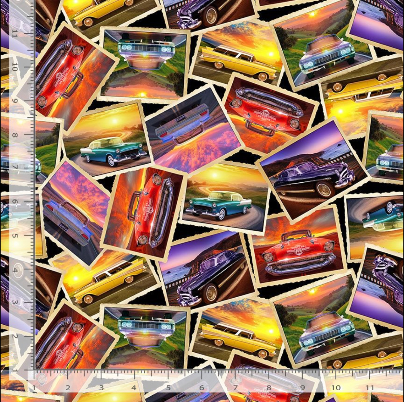 Route 66 fabric featuring vintage postcard-style classic cars on colorful sunset backgrounds by Michael Searle for Timeless Treasures.
