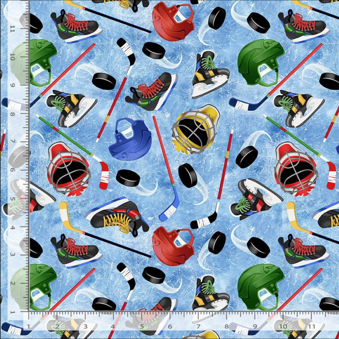 Tossed hockey equipment fabric featuring skates, sticks, helmets, pucks, and masks on an icy blue background by Timeless Treasures.