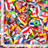 Fabric with soccer balls covered in international flags including USA, Canada, Brazil, Spain, France, and more on a colorful background.