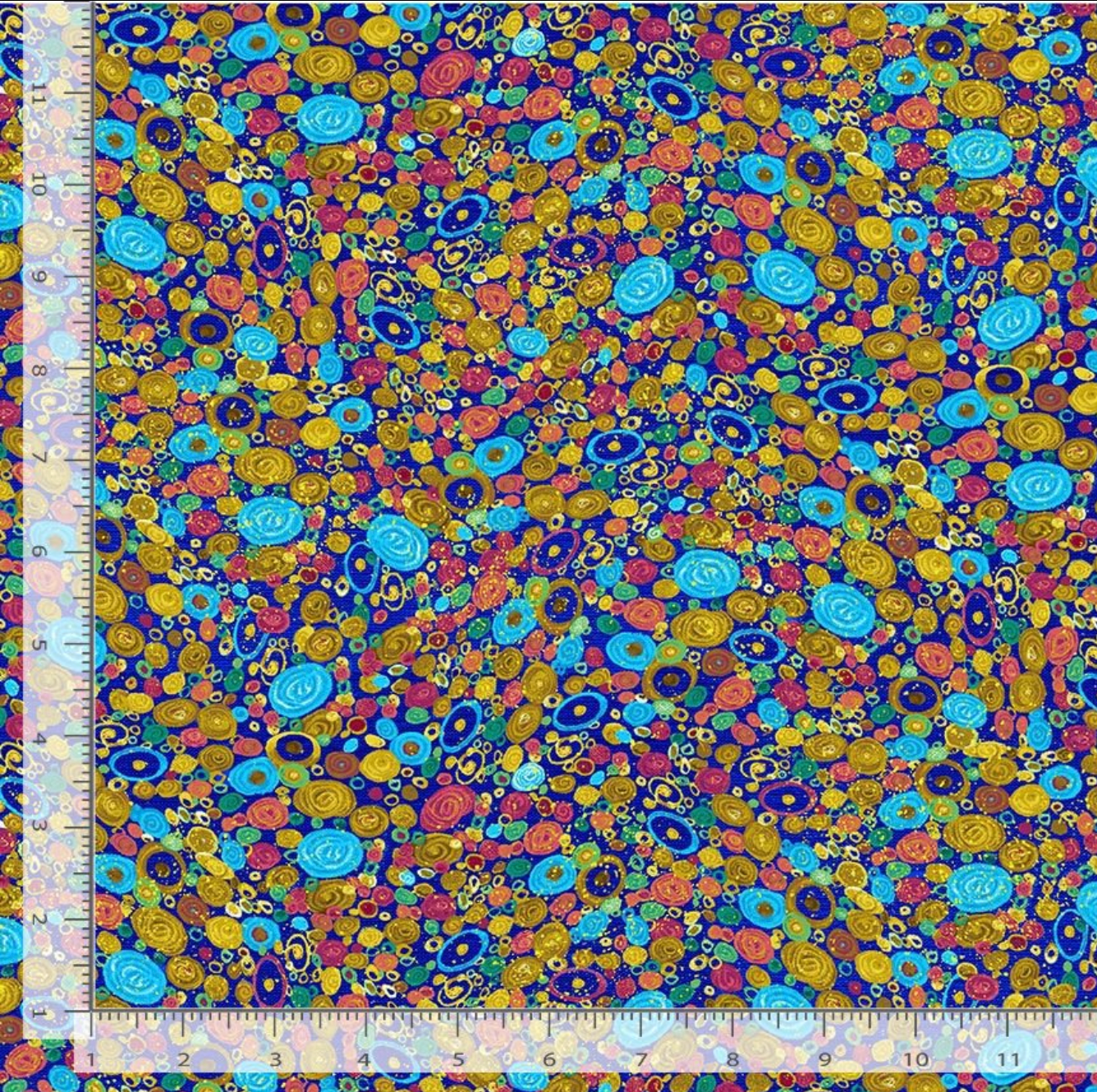 Metallic geo floral navy cotton fabric with swirling multicolor designs and gold accents by Timeless Treasures.