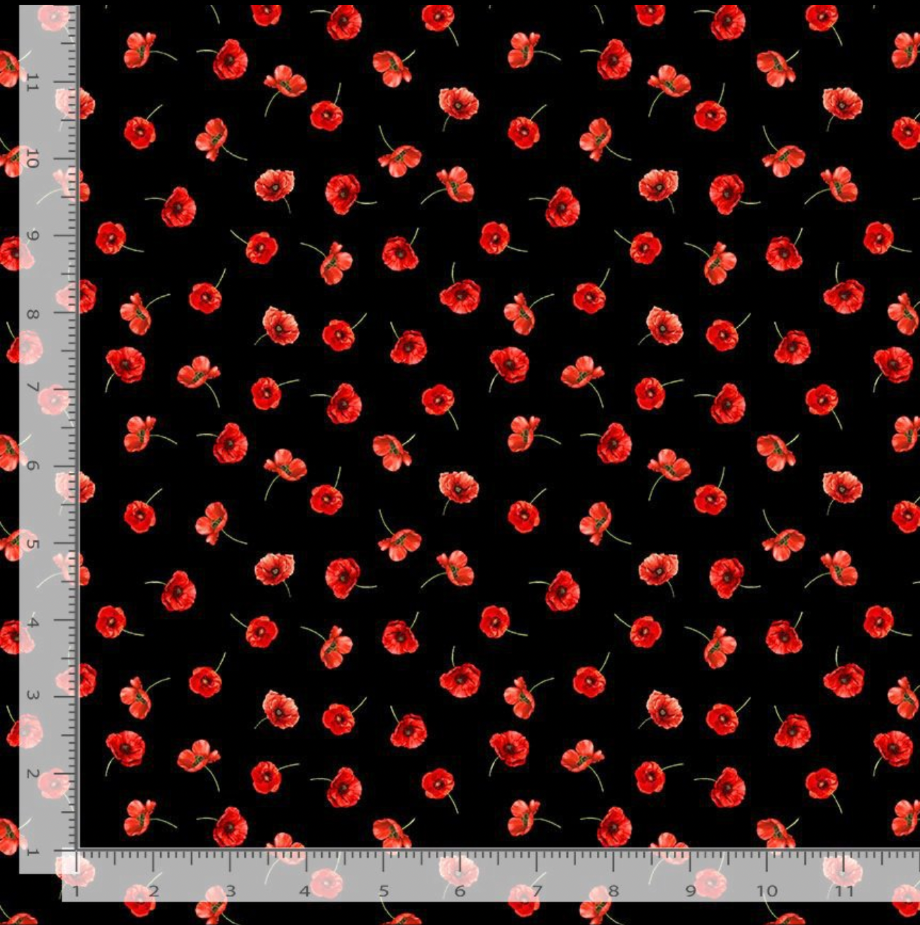 Red tossed poppies on black background printed on 100% cotton fabric by Timeless Treasures.